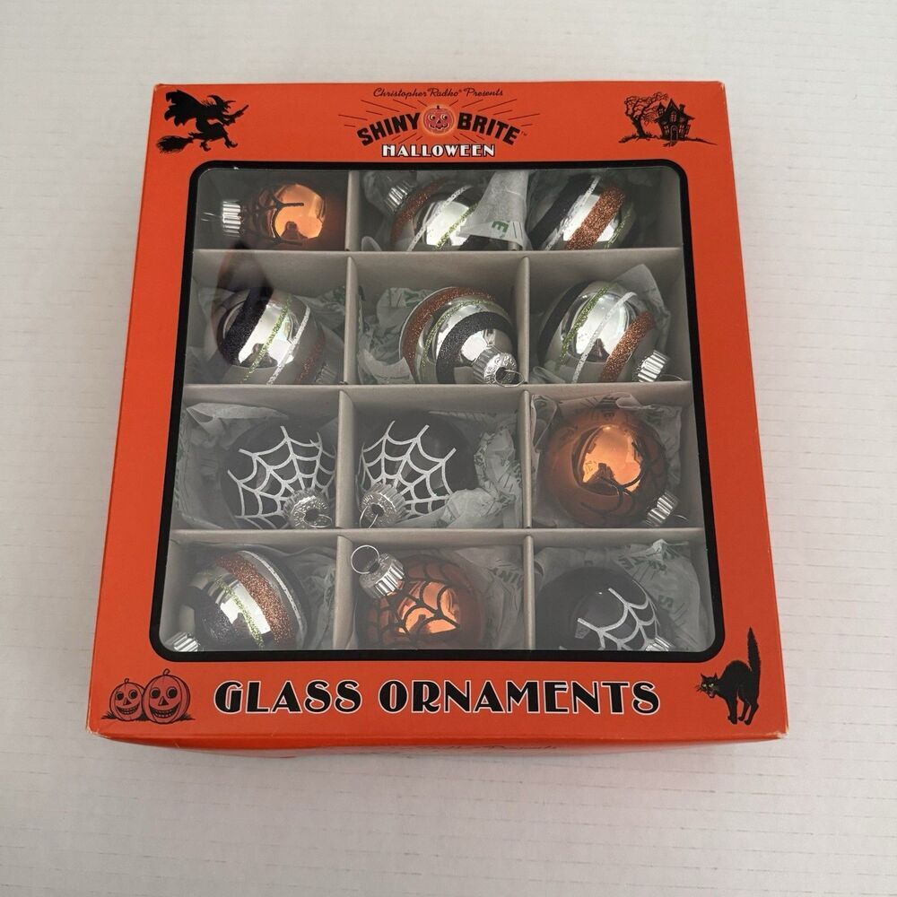 Christopher Radko Halloween 12 Ornaments Black Orange Spiderwebs Balls NOS 2024